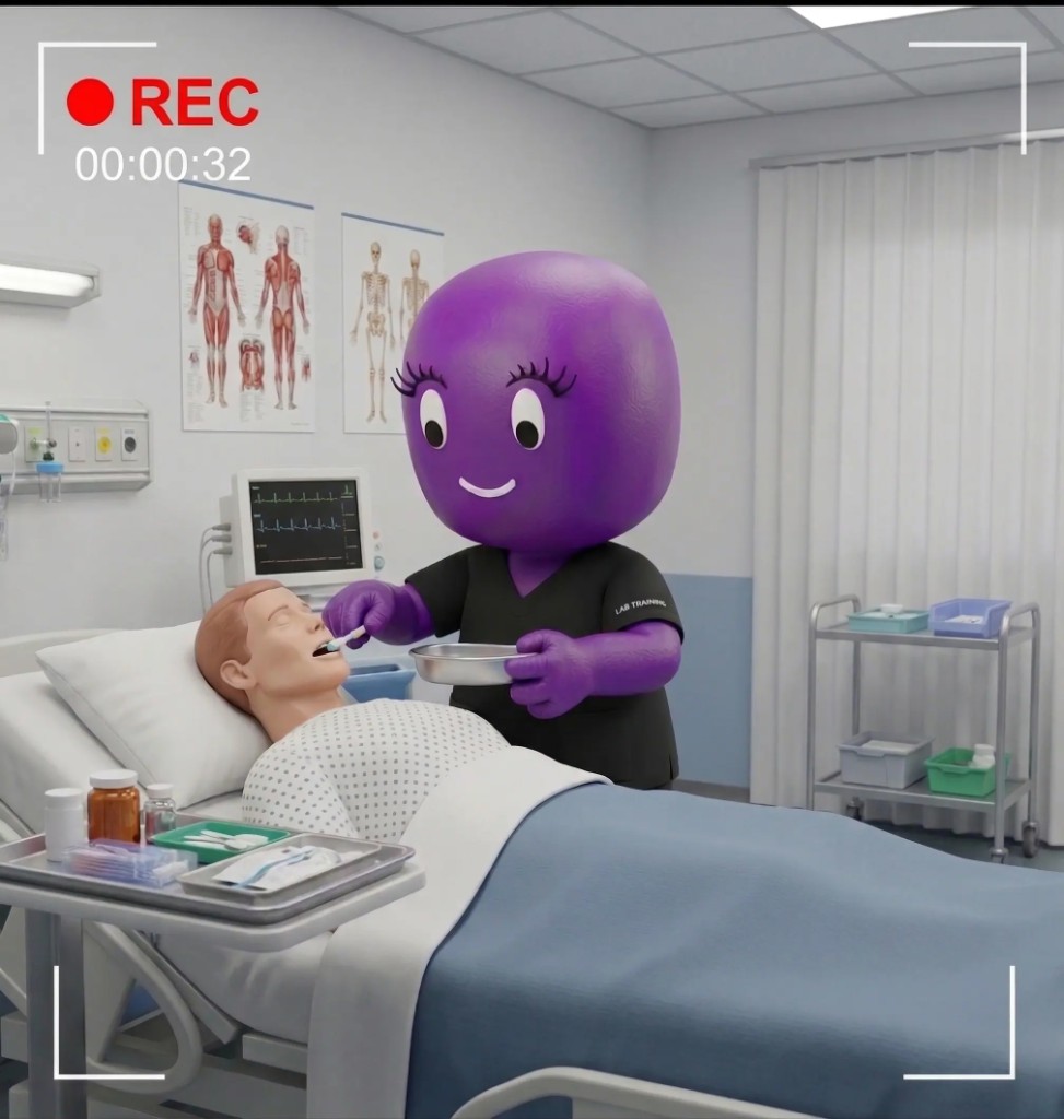 Blend character practicing a CNA skill in a simulated exam room