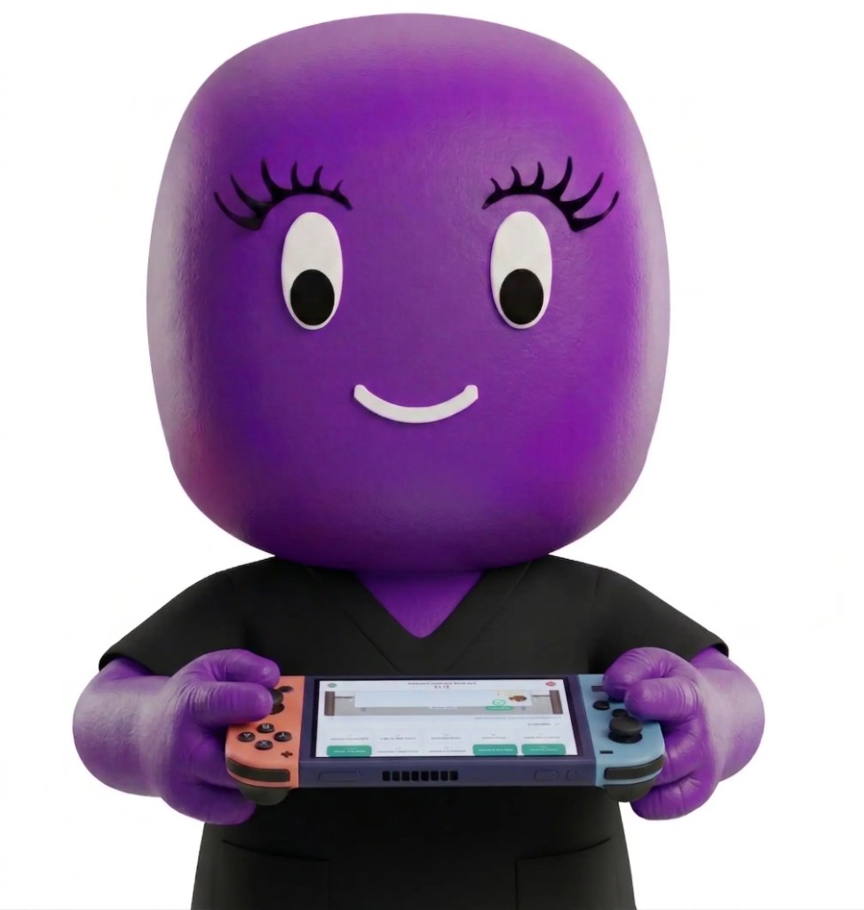 Blend character holding a handheld game console